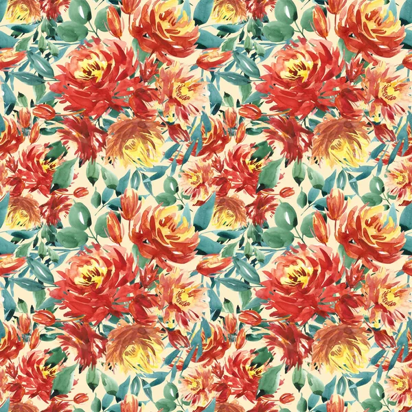 Seamless modeli kırmızı peonies tarafından büyük suluboya çiçekli. Moda için zarif şablon yazdırır. Koyu yeşil yaprakları.