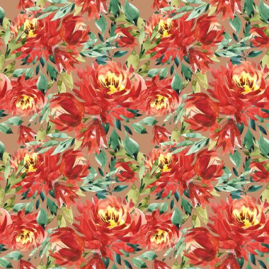 Seamless modeli kırmızı peonies tarafından büyük suluboya çiçekli. Moda için zarif şablon yazdırır. Kahverengi zemin.