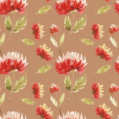 Sevimli çiçek desenli aster çiçek. Motifler rastgele dağılmış. Sorunsuz doku. Moda için zarif şablon yazdırır. Pembe çiçekler ile yazdırma. Kahverengi zemin.