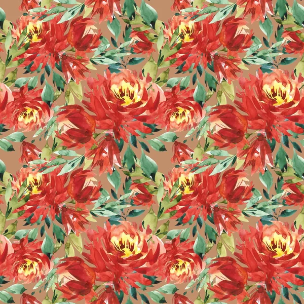 Απρόσκοπτη μοτίβο με μεγάλα λουλούδια ακουαρέλα με κόκκινο παιώνιες. Εκτυπώσεις κομψό πρότυπο για τη μόδα. Καφέ φόντο. — Φωτογραφία Αρχείου
