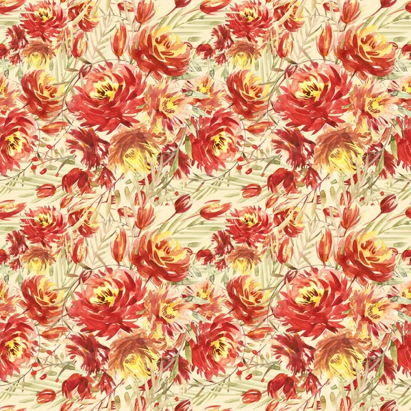 Бесшовный узор с большими акварельными цветами от красных пионов. Элегантный шаблон для модных принтов. Оливковые листья . — стоковое фото