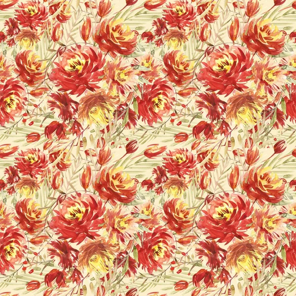 Seamless modeli kırmızı peonies tarafından büyük suluboya çiçekli. Moda için zarif şablon yazdırır. Zeytin yeşili yaprakları.