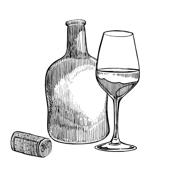 Botella de vino tinto y copas, ilustración vectorial estilo boceto aislado sobre fondo blanco. Dibujo realista a mano. Ilustraciones estilo grabado . — Vector de stock