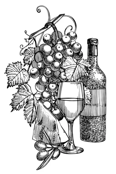 Composizione di una bottiglia di vino, due bicchieri, parmigiano, uva e foglie con olive. Illustrazioni disegnate a mano in stile incisione. Banner di vino vintage sfondo . — Vettoriale Stock
