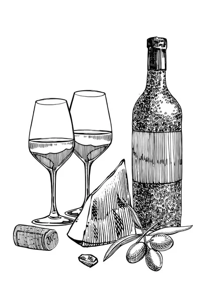 Bir şişe şarap, iki bardak, parmesan peyniri, üzüm ve zeytin yaprağı bileşimi. Elle çizilmiş stil illüstrasyonlar oyma. Şarap antika arka plan afiş. — Stok Vektör