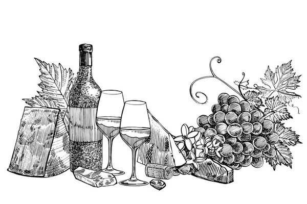 Composition d'une bouteille de vin, deux verres, fromage parmesan, raisins et feuilles d'olives. Illustrations de style gravure à la main. Bannières de fond vintage de vin . — Image vectorielle