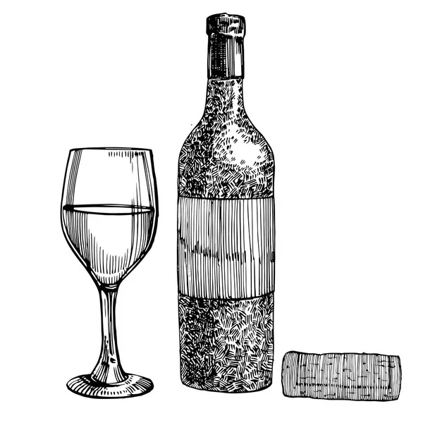 Botella de vino tinto y copas, ilustración vectorial estilo boceto aislado sobre fondo blanco. Dibujo realista a mano. Ilustraciones estilo grabado . — Vector de stock