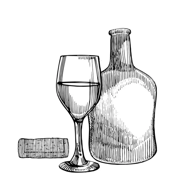 Red wine bottle and glasses, sketch style vector illustration isolated on white background. Realistic hand drawing. Engraving style illustrations. — Stock Vector