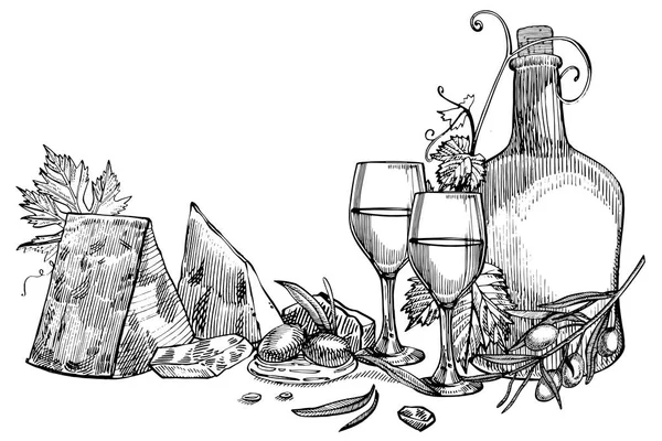 Composition d'une bouteille de vin, deux verres, fromage parmesan, raisins et feuilles d'olives. Illustrations de style gravure à la main. Bannières de fond vintage de vin . — Image vectorielle