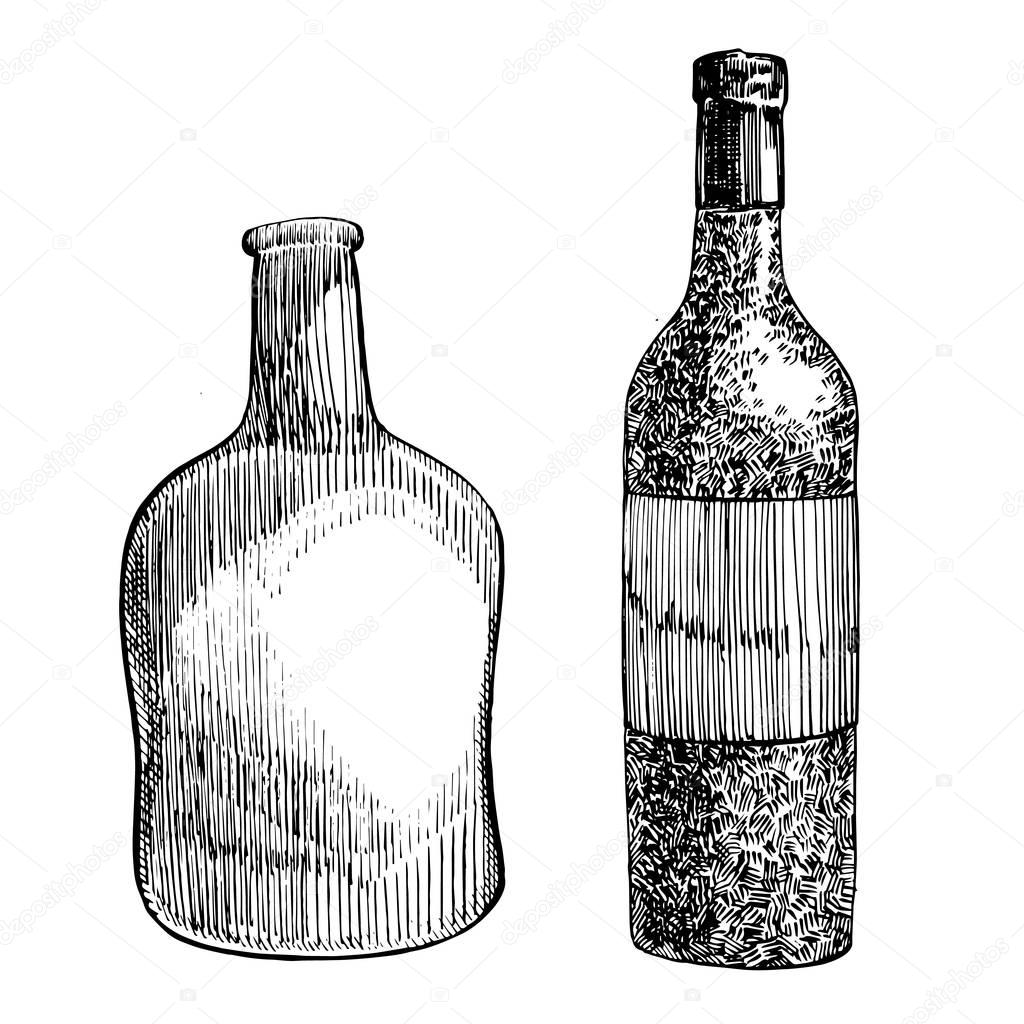 Red wine bottle, sketch style vector illustration isolated on white background. Realistic hand drawing. Engraving style illustrations.
