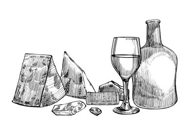 Bir şişe şarap, gözlük, parmesan peyniri, üzüm ve zeytin yaprağı bileşimi. Elle çizilmiş stil illüstrasyonlar oyma. Şarap antika arka plan afiş.