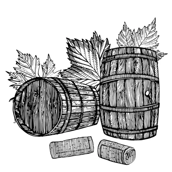 Vat van de wijn van de hand van het vector de tekening met druivenmost verlaat. Inkt getekend houten vat in rustieke stijl. Geïsoleerd op een witte achtergrond. Hand getrokken gravure stijl illustraties. — Stockvector