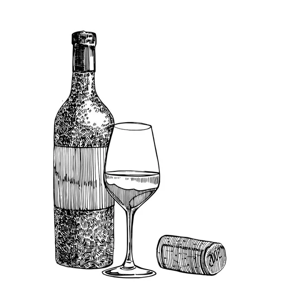 Láhev červeného vína a skleničky, Načrtněte styl vektorové ilustrace izolované na bílém pozadí. Realistické Ruční kresba. Ilustrace styl gravírování. — Stockový vektor