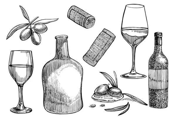 Векторный набор виноградных продуктов. Иллюстрация в стиле эскиза. Ручной рисунок элементов дизайна. Изолированный на белом фоне. Иллюстрации стиля гравировки . — стоковый вектор