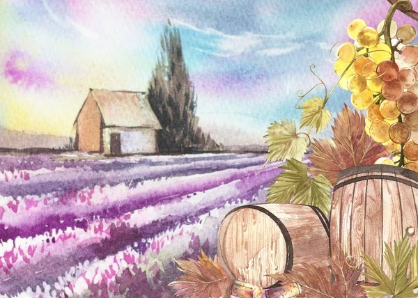 木製の樽とブドウの葉。ラベンダー畑との背景。ポストカード、scrabbuking の水彩画のイラスト。手描き水彩イラスト。ワインのヴィンテージ背景のバナー. — ストック写真