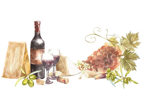 Palack és a pohár bor és a szőlő, elszigetelt fehér levelek. Parmezán sajt és olajbogyó. Kézzel rajzolt akvarell illusztráció. Bannerek a bor vintage háttér. — Stock Fotó