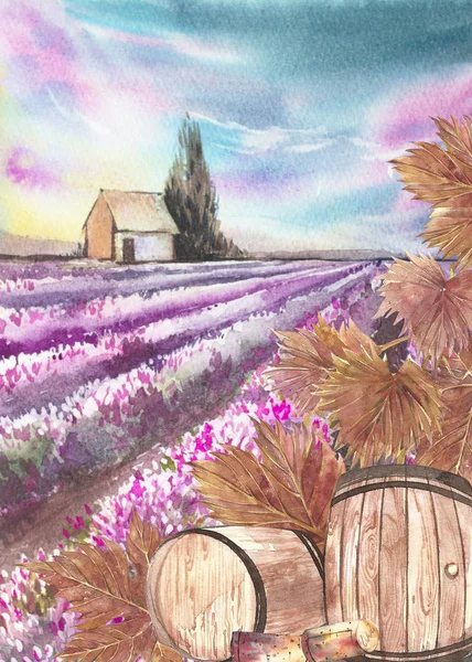 ボトルとブドウの葉。ラベンダー畑との背景。ポストカード、scrabbuking の水彩画のイラスト。手描き水彩イラスト。ワインのヴィンテージ背景のバナー. — ストック写真