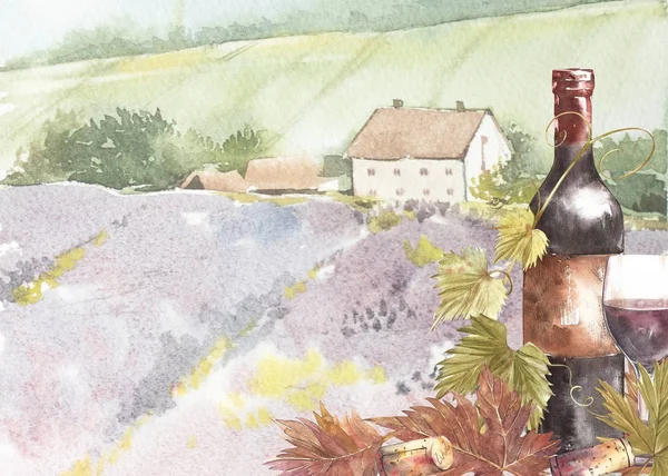 Bottiglie e foglie d'uva. Sfondo con un campo di lavanda. Illustrazione ad acquerello per cartoline, scrabbuking. Illustrazione ad acquerello disegnata a mano. Banner di vino vintage sfondo . — Foto Stock