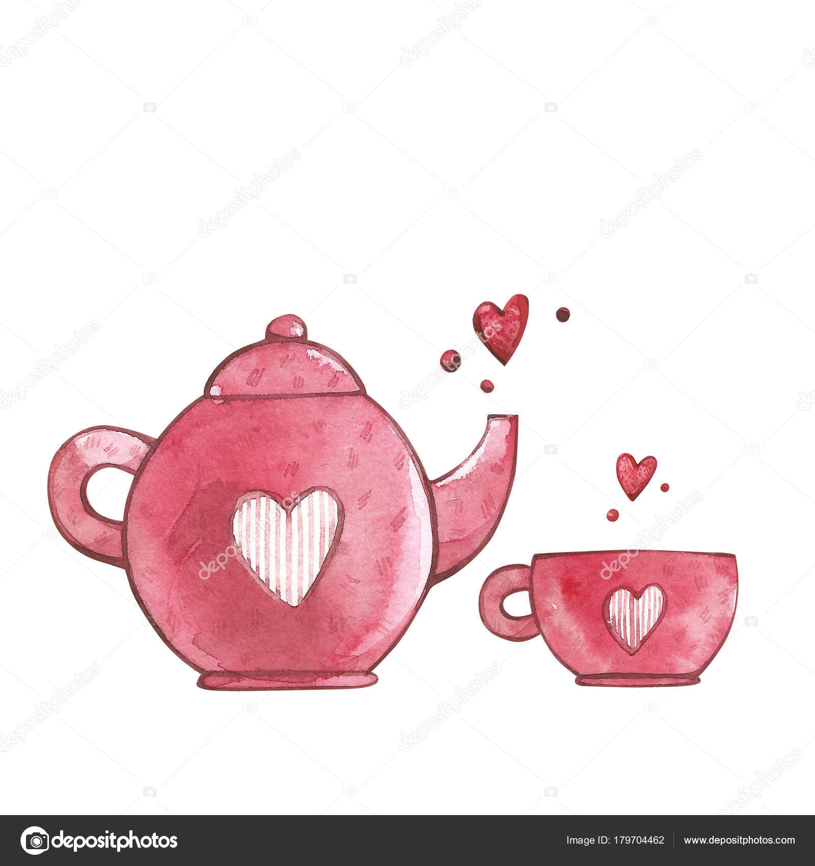 Pink cup and teapot with heart. Watercolor set of elements for Valentines  day. Scrapbook design elements. Typography poster, card, label, banner  design set. Stock Illustration by ©Asetrova #179704462