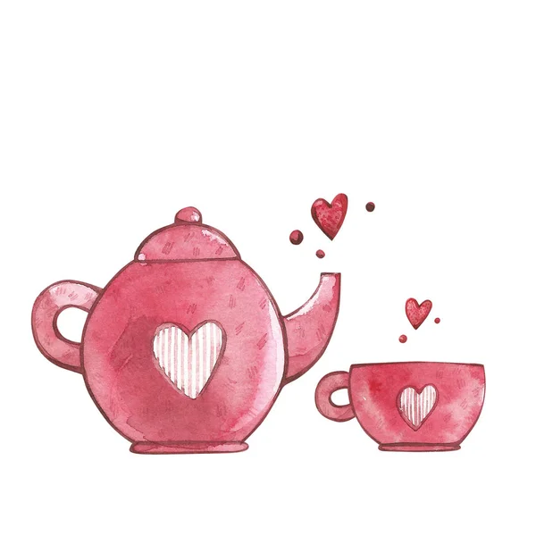 Taza rosa y tetera con corazón. Conjunto de elementos acuarela para el día de San Valentín. Elementos de diseño Scrapbook. Cartel de tipografía, tarjeta, etiqueta, juego de diseño de pancartas . — Foto de Stock