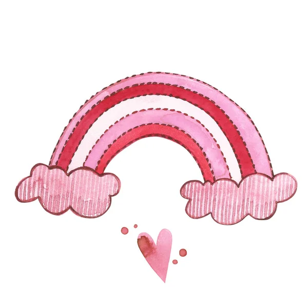Nori de acuarelă roz drăguț cu ploaie și curcubeu. Watercolor Set roz de elemente pentru Ziua Îndrăgostiților. Elemente de design Scrapbook. Tipografie poster, card, etichetă, set de design banner . — Fotografie, imagine de stoc