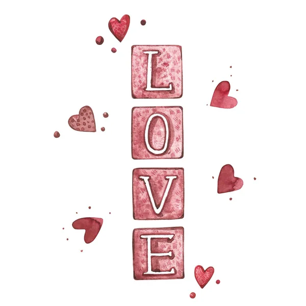 バレンタインデー テキスト-愛。水彩画は、バレンタインデーのための要素のセット。スクラップ ブック デザイン要素です。タイポグラフィ ポスター、カード、ラベル、バナー デザイン セット. — ストック写真