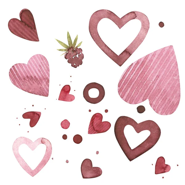 Cuori disegnati a mano. Acquerello Set rosa di elementi per San Valentino. Elementi di design Scrapbook. Set di poster, cartoline, etichette e banner tipografici . — Foto Stock