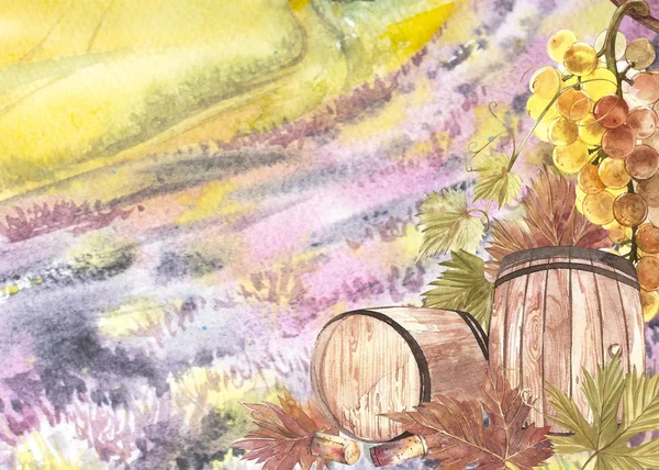 Houten vaten en bladeren van druiven. Achtergrond met een Lavendel veld. Aquarel illustratie voor postkaarten, scrabbuking. Hand getekend aquarel illustratie. Banners van wijn vintage achtergrond. — Stockfoto