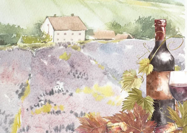 Flaskor och blad av druvor. Bakgrund med ett lavendelfält. Akvarell illustration för vykort, scrabbuking. Hand dras akvarell illustration. Fanor av vin vintage bakgrund. — Stockfoto