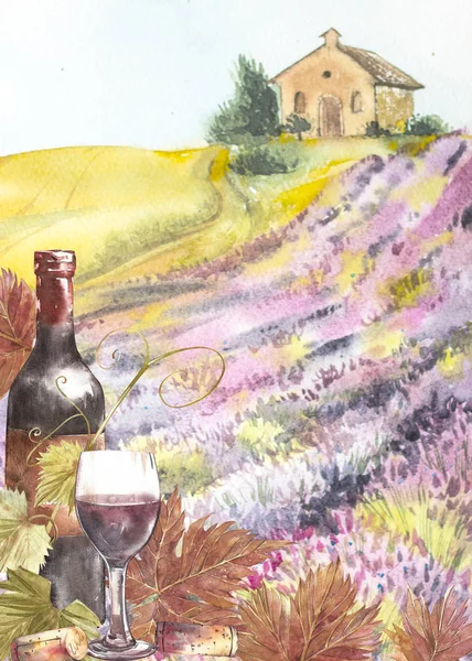 Flessen en bladeren van druiven. Achtergrond met een Lavendel veld. Aquarel illustratie voor postkaarten, scrabbuking. Hand getekend aquarel illustratie. Banners van wijn vintage achtergrond. — Stockfoto