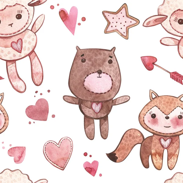 Seamless patterns with animals. Pink Watercolor set of elements for Valentines day. Scrapbook design elements. Typography poster, card, label, banner design set.