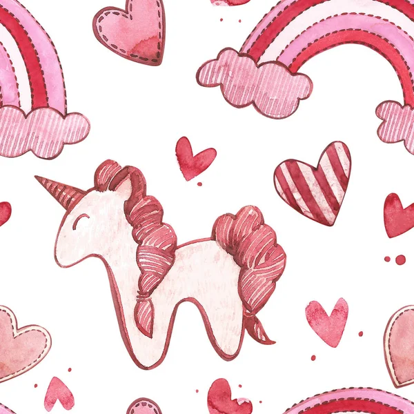 Modelli senza cuciture con unicorno. Set acquerello rosa di elementi per San Valentino. Elementi di design Scrapbook. Set di poster, cartoline, etichette e banner tipografici . — Foto Stock