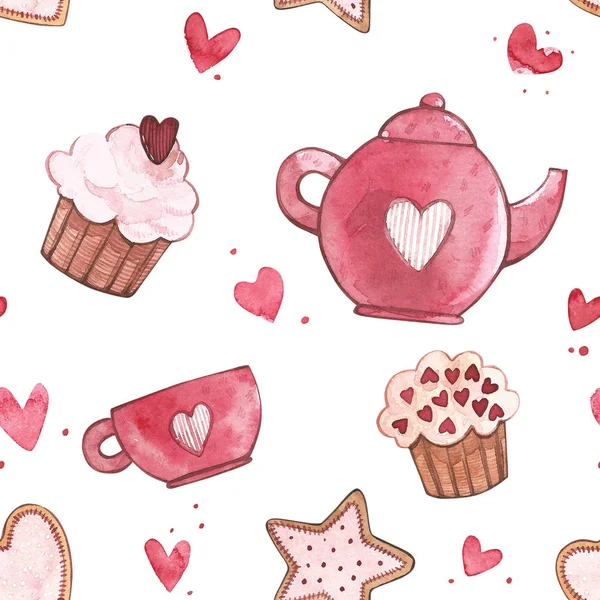 Seamless patterns with cup and teapot. Pink Watercolor set of elements for Valentines day. Scrapbook design elements. Typography poster, card, label, banner design set. — Stock Photo, Image