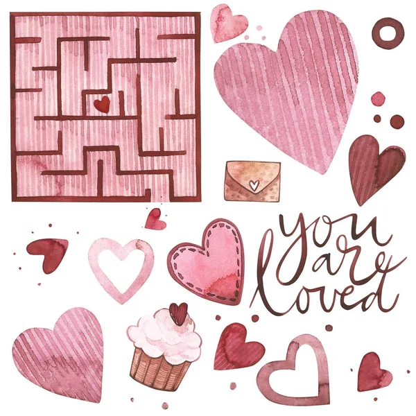 Valentinstag-Text. Du wirst geliebt. Aquarell-Set von Elementen für den Valentinstag. Designelemente aus Sammelbüchern. Typografie Poster, Karte, Etikett, Banner Design Set. — Stockfoto