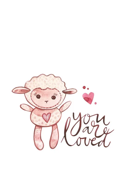 Valentines Day cards with lamb. You are loved. Romantic quote for design greeting cards, tattoo, holiday invitations. Watercolor Pink set of elements for Valentines day. Scrapbook design elements.