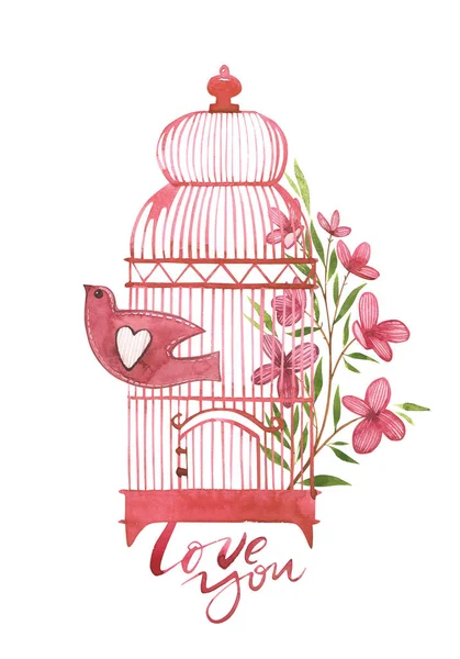 발렌타인 데이 카드와 꽃과 새 장입니다. 사랑해요. 카드 디자인 인사말, 문신, 휴가 초대장에 대 한 낭만적인 견적. 발렌타인 데이 대 한 요소의 수채화 핑크 세트. — 스톡 사진