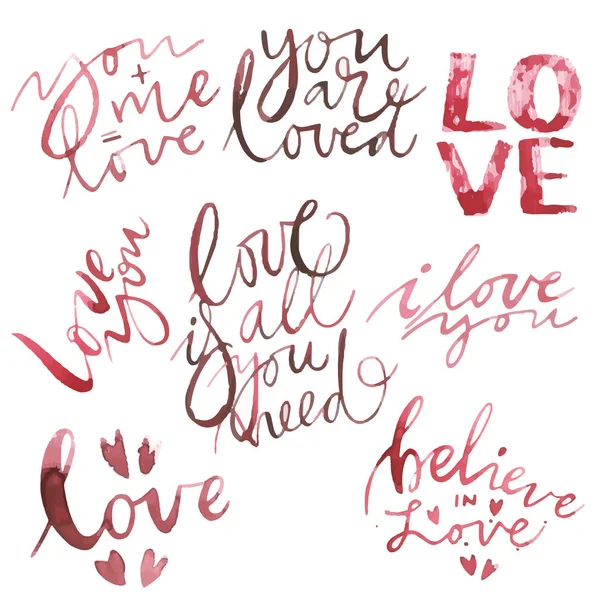 バレンタインの日のテキスト。愛しています。グリーティング カードのデザイン、タトゥー、ホリデイ ・招待状セット ベクトル ロマンチックな引用。バレンタインの日の要素の水彩ピンクのセットです。スクラップ ブックのデザイン要素. — ストックベクタ