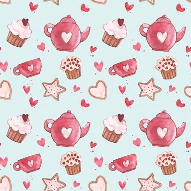 Seamless patterns with cup and teapot. Pink Watercolor set of elements for Valentines day. Scrapbook design elements. Typography poster, card, label, banner design set. clipart