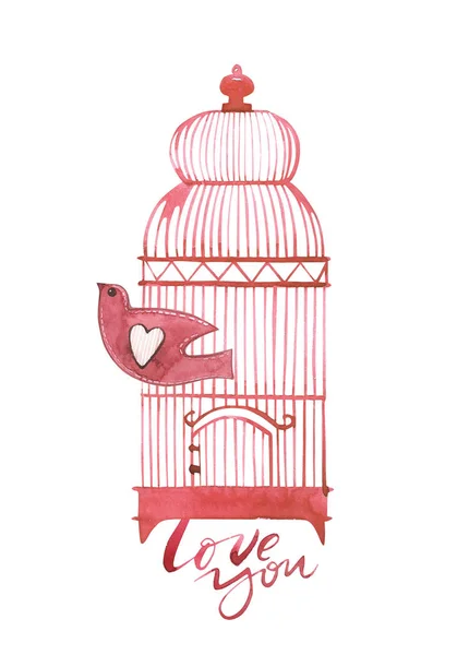 Biglietti di San Valentino con gabbia per uccelli con fiori. Ti voglio bene. Citazione romantica per biglietti di auguri di design, tatuaggi, inviti alle vacanze. Acquerello Set rosa di elementi per San Valentino . — Foto Stock