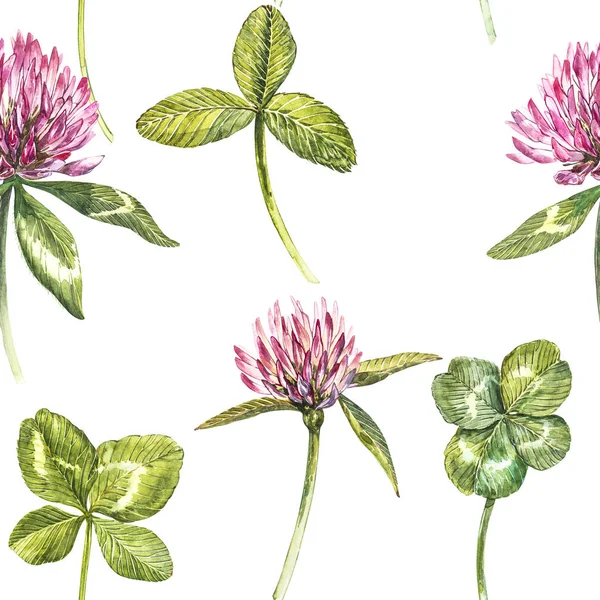 クローバーの葉と花は、水彩イラストの描かれたシームレス パターンを手します。ハッピー聖パトリックの日. — ストック写真