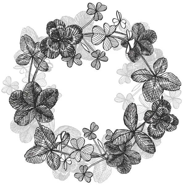 Conjunto de ilustrações de trevo desenhadas à mão isoladas sobre fundo branco. Coroa floral vetorial. Fronteira redonda gráfica . —  Vetores de Stock