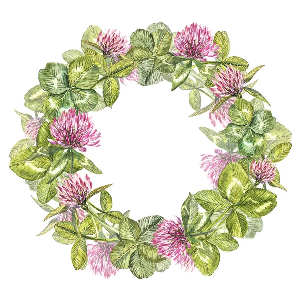 Handgezeichneter Aquarellkranz mit Blumen aus Rotklee und Blättern. bemaltes botanisches dreiblättriges Wiesengras, isoliert auf weißem Hintergrund. happy st.patrick s day card kompositionen. — Stockfoto