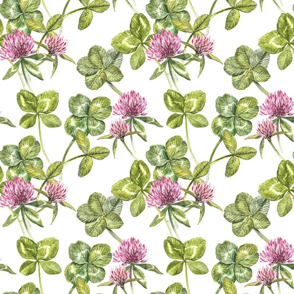 Clover leaf and flowers hand drawn seamless pattern watercolor illustration. Happy Saint Patricks Day. — Stock Photo, Image