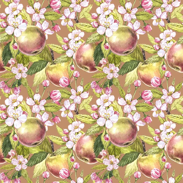 Jabłko kwiaty dłoń akwarela ilustracja wzór bezszwowe ciągnione. — Zdjęcie stockowe