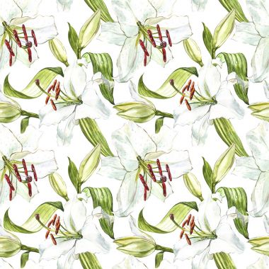 Sorunsuz çiçek desenli. Sulu Boya beyaz lilyum, el çekilmiş botanik çizim çiçek.