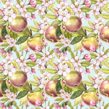 Çizilmiş seamless modeli suluboya resim Apple Çiçekler teslim.