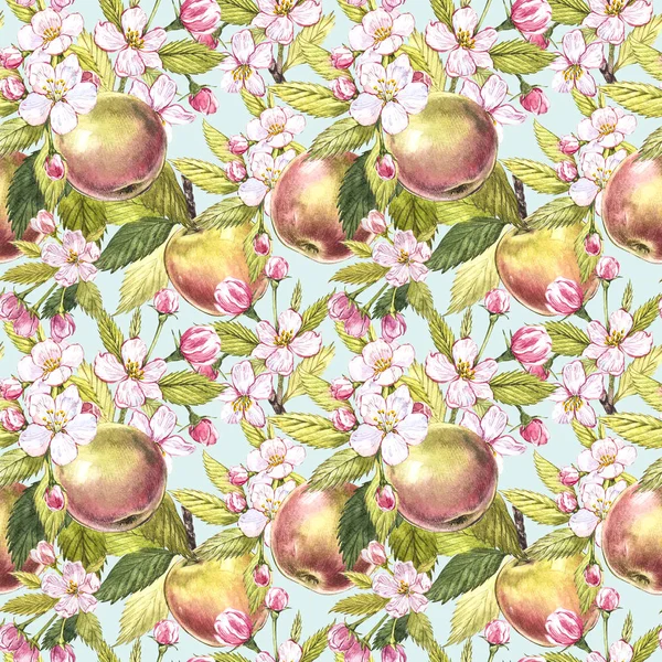 Apple flowers hand drawn seamless pattern watercolor illustration.