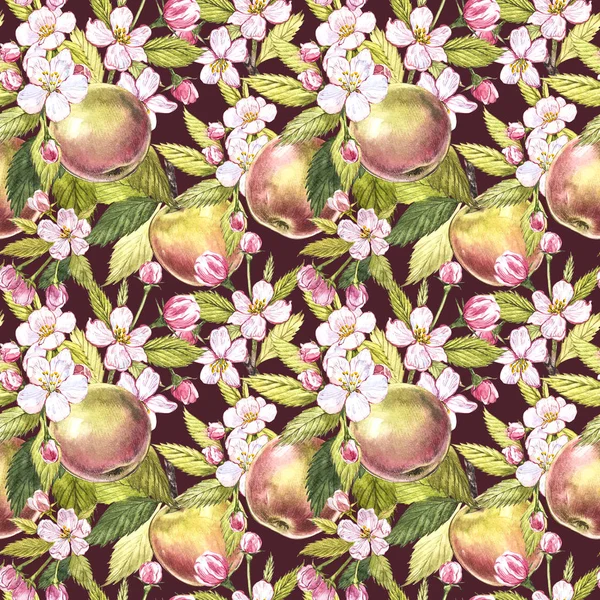 Jabłko kwiaty dłoń akwarela ilustracja wzór bezszwowe ciągnione. — Zdjęcie stockowe