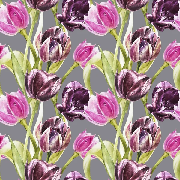 Blüten von Tulpen. Aquarell handgezeichnete botanische Illustration von Blumen. nahtloses Muster. — Stockfoto