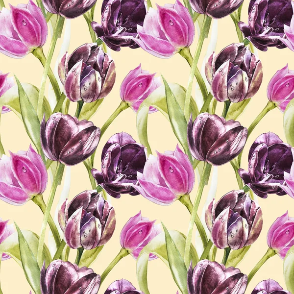 Blüten von Tulpen. Aquarell handgezeichnete botanische Illustration von Blumen. nahtloses Muster. — Stockfoto